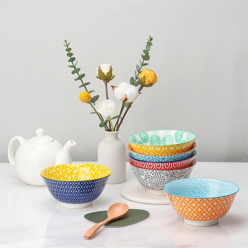 Ceramic Bowls Set 20 Oz Serving Bowls For Kitchen Cereal Ice Cream Soup Salad Rice Dessert Ceramic Bowls Assorted Colorful Design Set Of 6